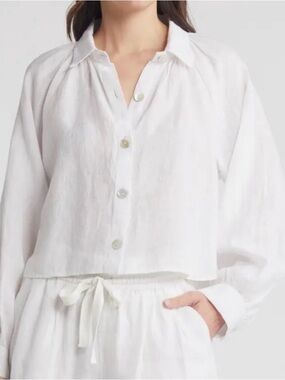 Cleobella White Linen Button-Down Cropped Shirt